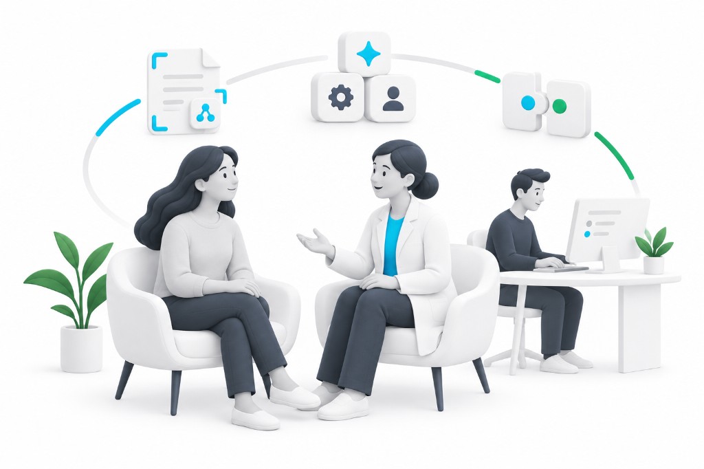 Healthcare teams collaborating with AI-assisted administrative tools.